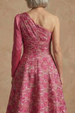 Vestido de Madre de la Novia Floral Fucsia Aline largo de un hombro