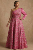 Vestido de Madre de la Novia Floral Fucsia Aline largo de un hombro