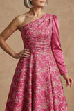 Vestido de Madre de la Novia Floral Fucsia Aline largo de un hombro