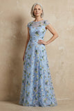 Vestido largo de Madre de la Novia bordado azul en línea A