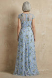 Vestido largo de Madre de la Novia bordado azul en línea A