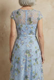 Vestido largo de Madre de la Novia bordado azul en línea A