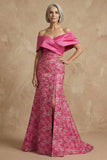 Fucsia floral descubierto Sirena Largo vestido de Madre de la Novia con abertura