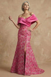 Fucsia floral descubierto Sirena Largo vestido de Madre de la Novia con abertura