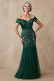 Vestido largo de madre de la novia de sirena verde oscuro de hombros con lentejuelas