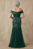 Vestido largo de madre de la novia de sirena verde oscuro de hombros con lentejuelas