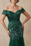 Vestido largo de madre de la novia de sirena verde oscuro de hombros con lentejuelas