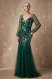 Vestido de Madre de la Novia de manga larga de sirenas verde oscuro
