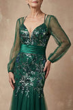 Vestido de Madre de la Novia de manga larga de sirenas verde oscuro