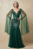 Vestido de Madre de la Novia con mangas capa de sirena brillante verde oscuro