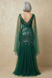 Vestido de Madre de la Novia con mangas capa de sirena brillante verde oscuro