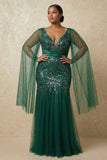Vestido de Madre de la Novia con mangas capa de sirena brillante verde oscuro