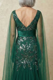 Vestido de Madre de la Novia con mangas capa de sirena brillante verde oscuro