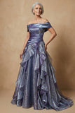 Vestido largo de la madre de la novia azul descubierto con volantes en el hombro