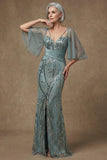 Vestido de sirena gris verde brillante de manga media de manga media y lentejuelas Madre de la novia con abertura