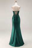 Vestido largo de baile de satén de satén verde oscuro con apuntes y abertura