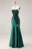 Vestido largo de baile de satén de satén verde oscuro con apuntes y abertura