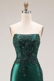 Vestido largo de baile de satén de satén verde oscuro con apuntes y abertura