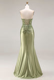 Vestido largo de baile de satén de satén verde oscuro con apuntes y abertura