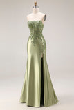 Vestido largo de baile de satén de satén verde oscuro con apuntes y abertura