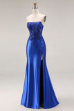 Vestido largo de baile de satén de satén verde oscuro con apuntes y abertura