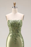 Vestido largo de baile de satén de satén verde oscuro con apuntes y abertura
