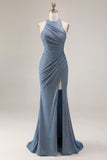 Vestido largo de baile de graduación azul polvoriento de sirena azul húmene, fruncido y abertura