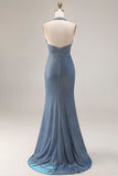 Vestido largo de baile de graduación azul polvoriento de sirena azul húmene, fruncido y abertura