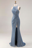 Vestido largo de baile de graduación azul polvoriento de sirena azul húmene, fruncido y abertura