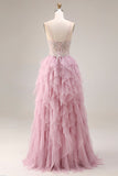 Vestido largo de graduación de tul rosa en línea A con tirantes finos y volantes