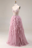 Vestido largo de graduación de tul rosa en línea A con tirantes finos y volantes