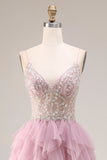 Vestido largo de graduación de tul rosa en línea A con tirantes finos y volantes