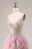 Vestido largo de graduación de tul rosa en línea A con tirantes finos y volantes