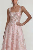 Vestido midi de corsé rosa brillante con escote cuadrado y aplicada