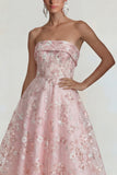 Vestido Midi rosa sin tirantes con alas de flores brillantes