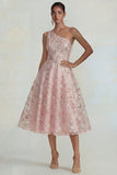 Vestido Midi rosa de un solo hombro con aplicación de flores brillantes