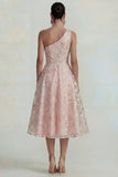 Vestido Midi rosa de un solo hombro con aplicación de flores brillantes