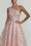 Vestido Midi rosa de un solo hombro con aplicación de flores brillantes