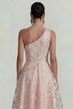 Vestido Midi rosa de un solo hombro con aplicación de flores brillantes