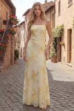 Vestido largo de graduación de graduación de tirantes amarillos línea A con tirantes finos de cordones en la espalda y bordado floral