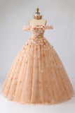 Vestido de Princesa Quinceañera con Camisa de Champán de Hombros Descubiertos