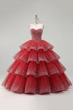Vestido de baile escalonado sin tirantes de Quinceañera roja con cuentas