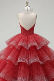 Vestido de baile escalonado sin tirantes de Quinceañera roja con cuentas