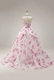 Vestido de gala blanco fucsia sin tirantes floral de quinceañera