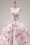 Vestido de gala blanco fucsia sin tirantes floral de quinceañera
