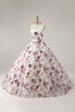 Vestido de gala Corsé sin tirantes Vestido blanco rojo floral de quinceañera