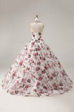 Vestido de gala Corsé sin tirantes Vestido blanco rojo floral de quinceañera