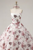 Vestido de gala Corsé sin tirantes Vestido blanco rojo floral de quinceañera