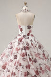 Vestido de gala Corsé sin tirantes Vestido blanco rojo floral de quinceañera
