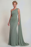 Vestido de madre de la novia de chiffon de salvia polvoriento con un solo hombro y capa lateral